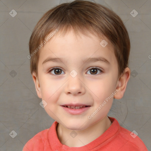 Joyful white child male with short  brown hair and brown eyes