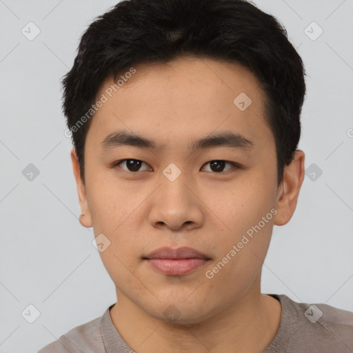 Neutral asian young-adult male with short  black hair and brown eyes