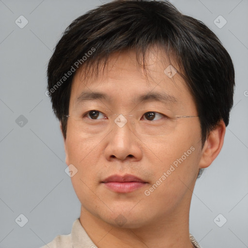 Joyful asian adult male with short  brown hair and brown eyes