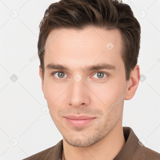 Neutral white young-adult male with short  brown hair and brown eyes