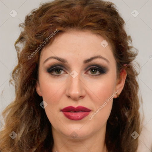 Joyful white young-adult female with long  brown hair and green eyes