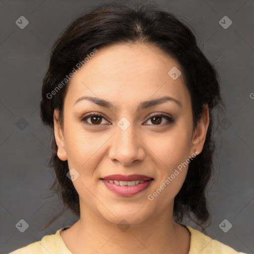 Joyful latino young-adult female with medium  brown hair and brown eyes