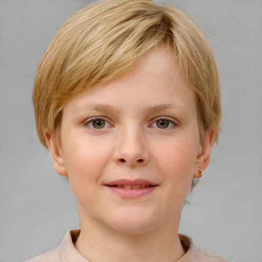 Joyful white child female with short  blond hair and grey eyes