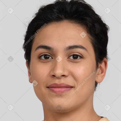 Joyful white young-adult female with short  brown hair and brown eyes