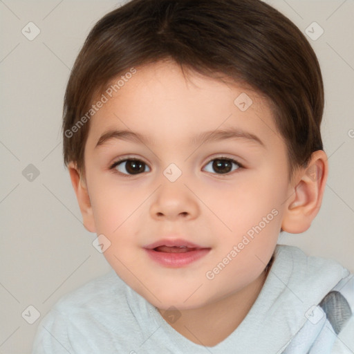 Joyful white child female with short  brown hair and brown eyes