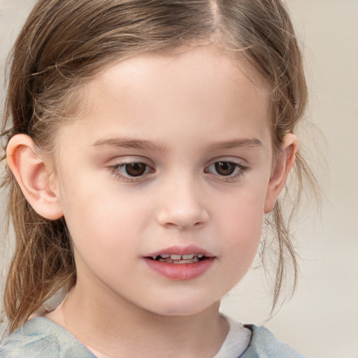 Joyful white child female with medium  brown hair and grey eyes