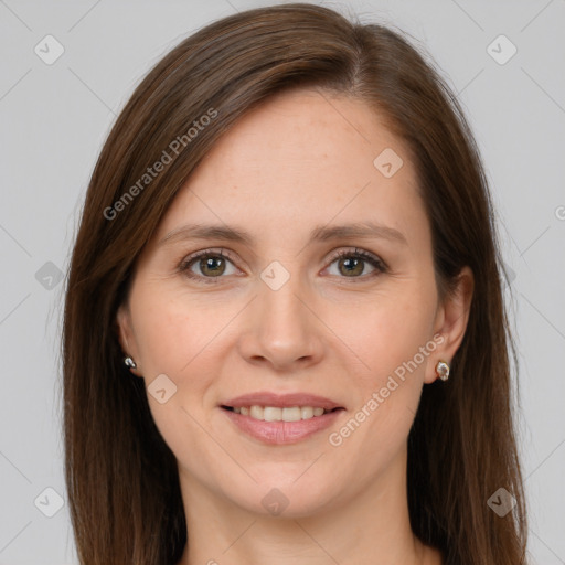 Joyful white young-adult female with long  brown hair and grey eyes