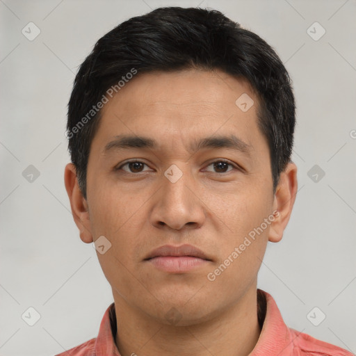 Neutral asian young-adult male with short  black hair and brown eyes