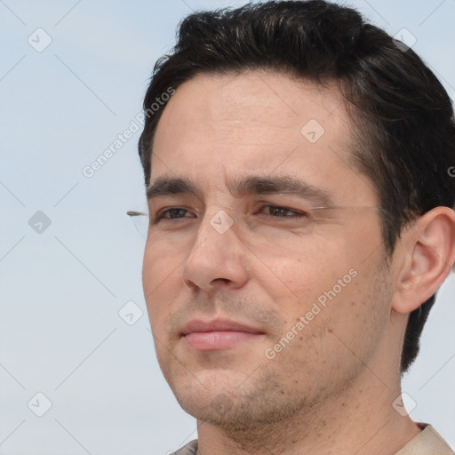 Neutral white adult male with short  brown hair and brown eyes