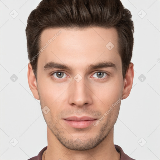 Neutral white young-adult male with short  brown hair and brown eyes