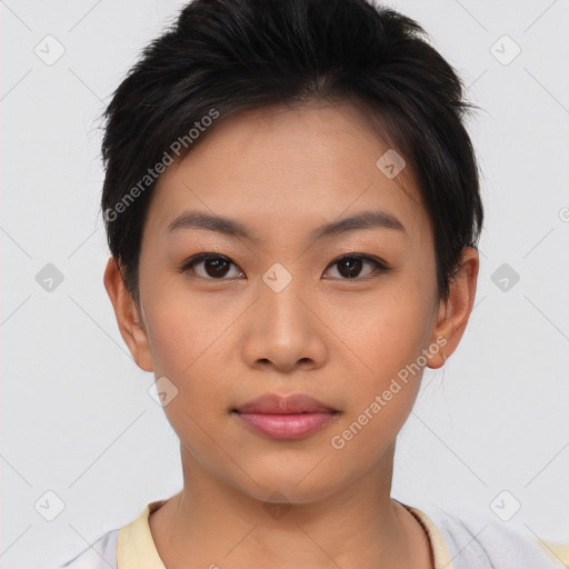 Neutral asian young-adult female with short  brown hair and brown eyes