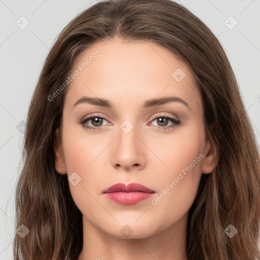 Neutral white young-adult female with long  brown hair and grey eyes