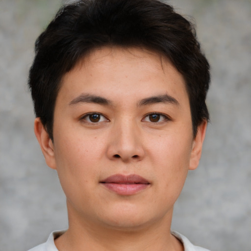 Neutral asian young-adult male with short  brown hair and brown eyes