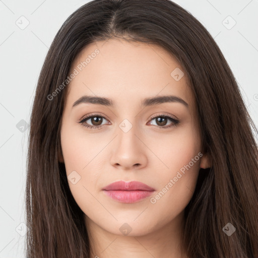 Neutral white young-adult female with long  brown hair and brown eyes