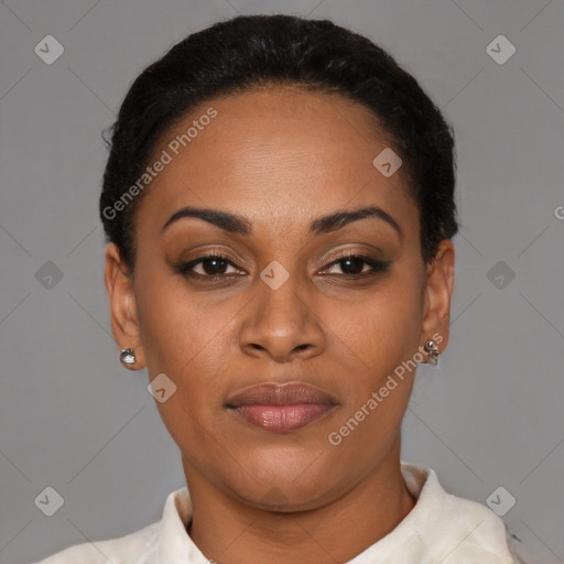 Joyful latino young-adult female with short  brown hair and brown eyes