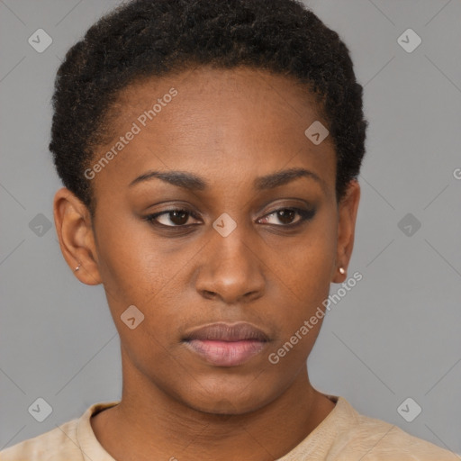 Neutral black young-adult female with short  brown hair and brown eyes