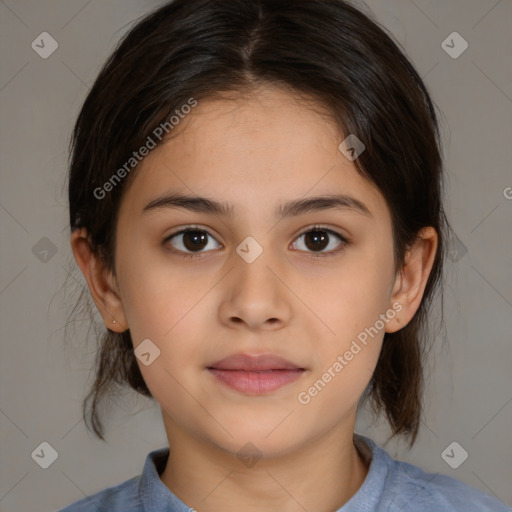 Joyful white child female with medium  brown hair and brown eyes