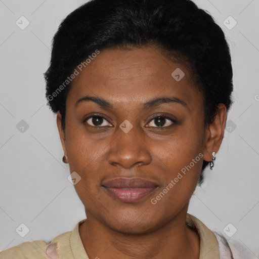 Joyful latino young-adult female with short  black hair and brown eyes