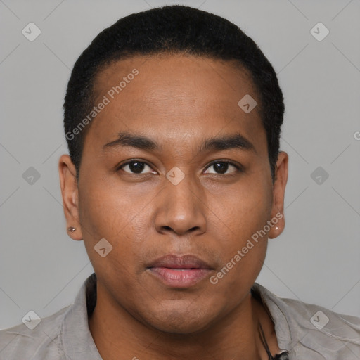 Neutral black young-adult male with short  black hair and brown eyes