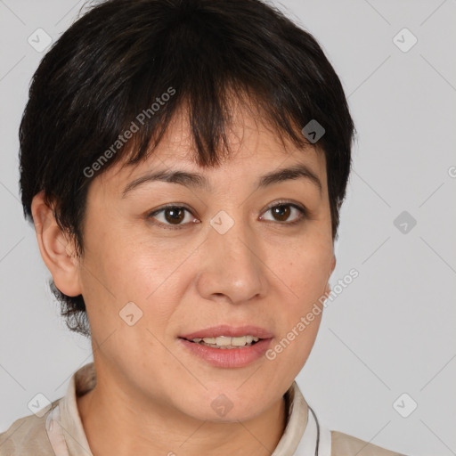 Joyful white adult female with medium  brown hair and brown eyes