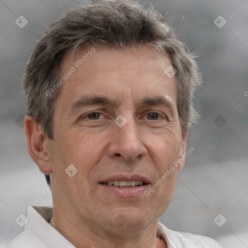 Joyful white middle-aged male with short  brown hair and brown eyes