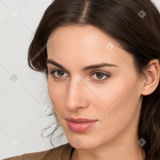 Neutral white young-adult female with long  brown hair and brown eyes