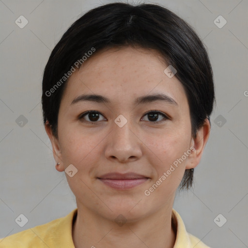 Joyful asian young-adult female with medium  brown hair and brown eyes