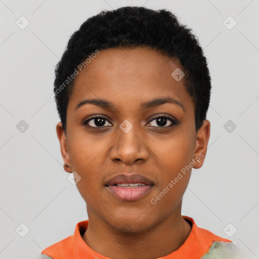 Joyful black young-adult female with short  black hair and brown eyes