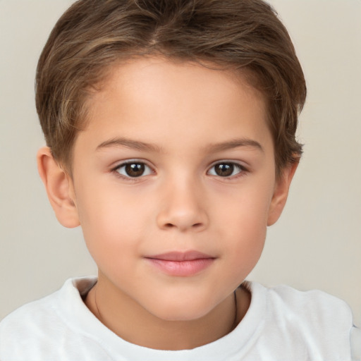 Joyful white child female with short  brown hair and brown eyes