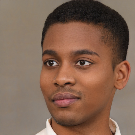 Joyful black young-adult male with short  brown hair and brown eyes