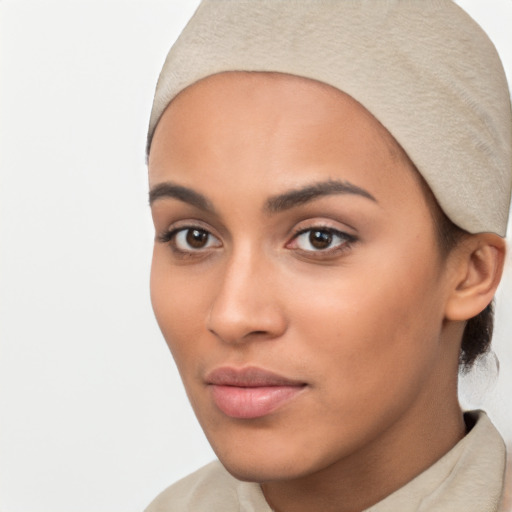 Neutral white young-adult female with short  brown hair and brown eyes