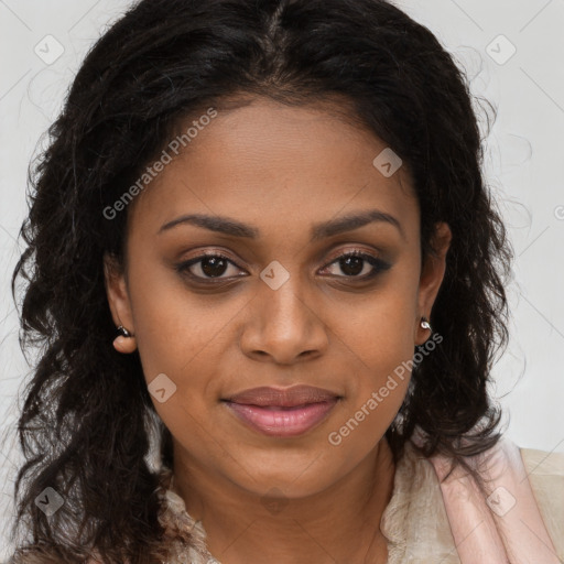 Joyful black young-adult female with long  brown hair and brown eyes