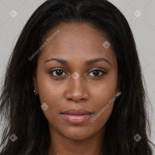 Joyful asian young-adult female with long  brown hair and brown eyes