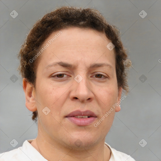 Joyful white adult female with short  brown hair and brown eyes