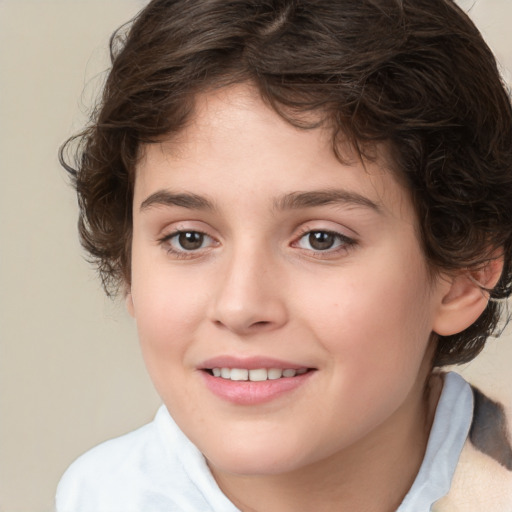 Joyful white child female with medium  brown hair and brown eyes