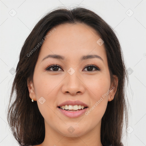 Joyful white young-adult female with medium  brown hair and brown eyes