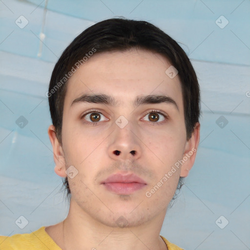 Neutral white young-adult male with short  brown hair and brown eyes