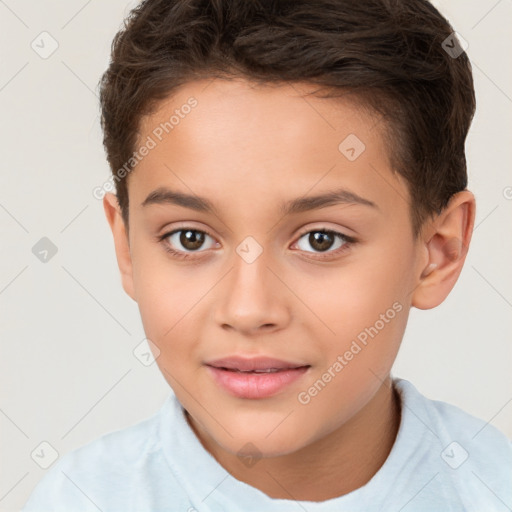 Joyful white child female with short  brown hair and brown eyes