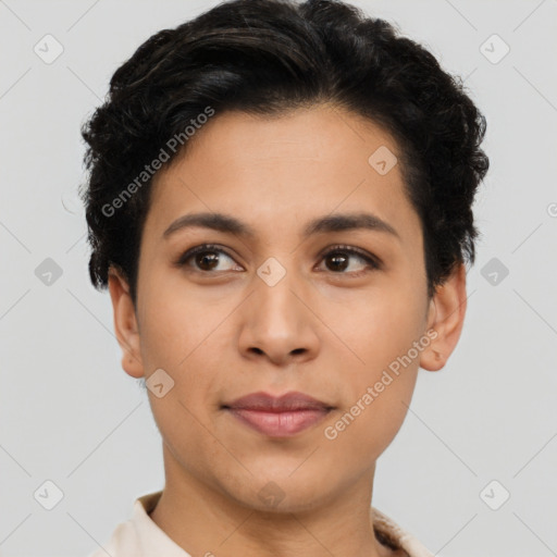 Joyful asian young-adult female with short  black hair and brown eyes