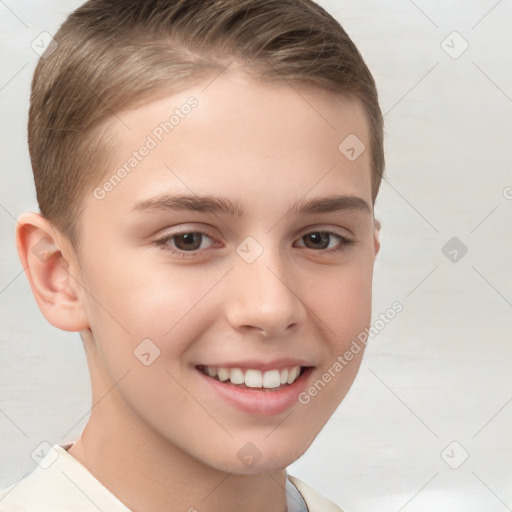 Joyful white child female with short  brown hair and brown eyes