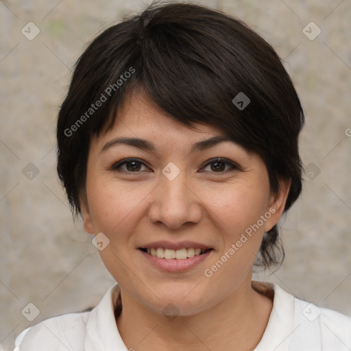 Joyful white young-adult female with medium  brown hair and brown eyes