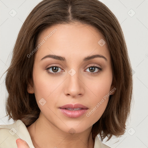 Neutral white young-adult female with medium  brown hair and brown eyes