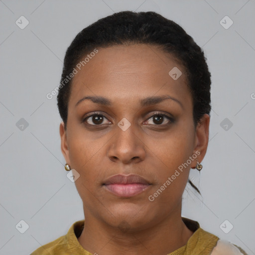 Neutral black young-adult female with short  brown hair and brown eyes