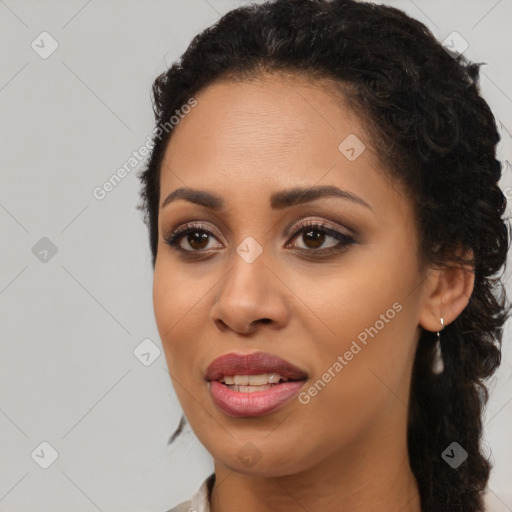 Joyful latino young-adult female with long  brown hair and brown eyes