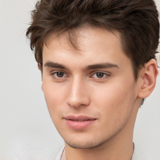 Neutral white young-adult male with short  brown hair and brown eyes