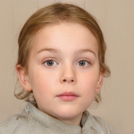 Neutral white child female with medium  brown hair and blue eyes