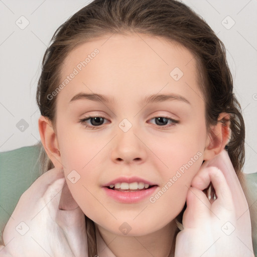 Joyful white child female with medium  brown hair and brown eyes