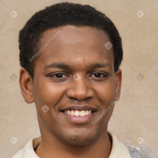 Joyful latino young-adult male with short  brown hair and brown eyes