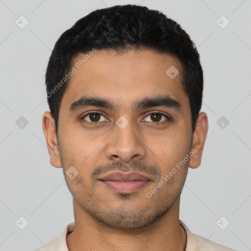 Neutral latino young-adult male with short  black hair and brown eyes