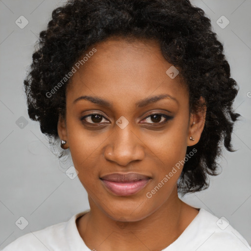 Joyful black young-adult female with medium  black hair and brown eyes